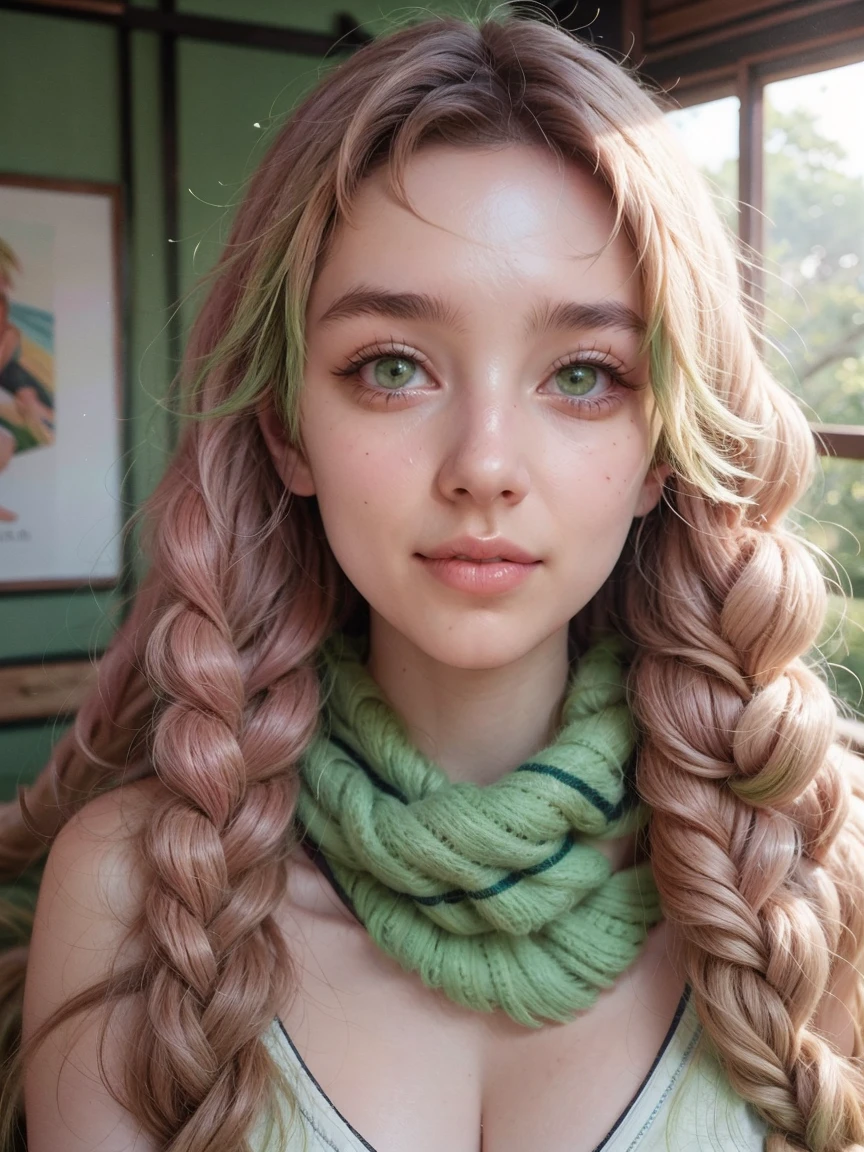 Green eyes, close-up of a person with long pink hair and green scarf, beautiful anime portrait, detailed digital anime art, anime girl with long hair, anime style portrait, detailed portrait of anime girl, beautiful anime art style, detailed anime character art, clean detailed anime art, high quality anime art style, anime girl portrait, beautiful anime girl, cute anime girl portrait