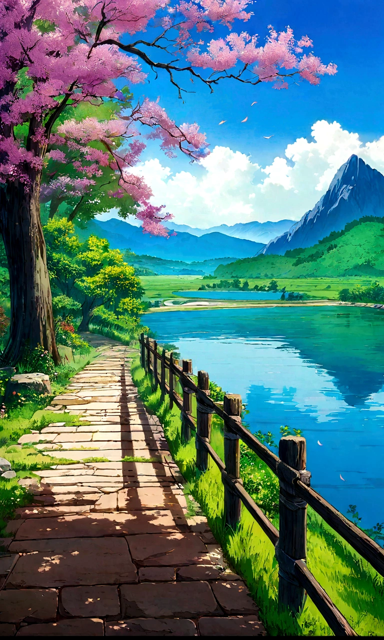 anime scenery of a path leading to a lake with a mountain in the background, scenery artwork, beautiful anime scenery, anime beautiful peace scene, scenery art detailed, anime nature wallpap, anime countryside landscape, anime landscape wallpaper, nature painting, anime nature, scenery wallpaper, anime landscape, anime scenery, detailed scenery —width 672, anime background art, beautiful anime scene