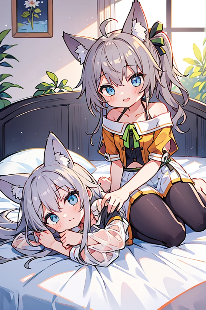 Gray Hair Long Hair Fox ears See-through One girl Blue Eyes child Bed