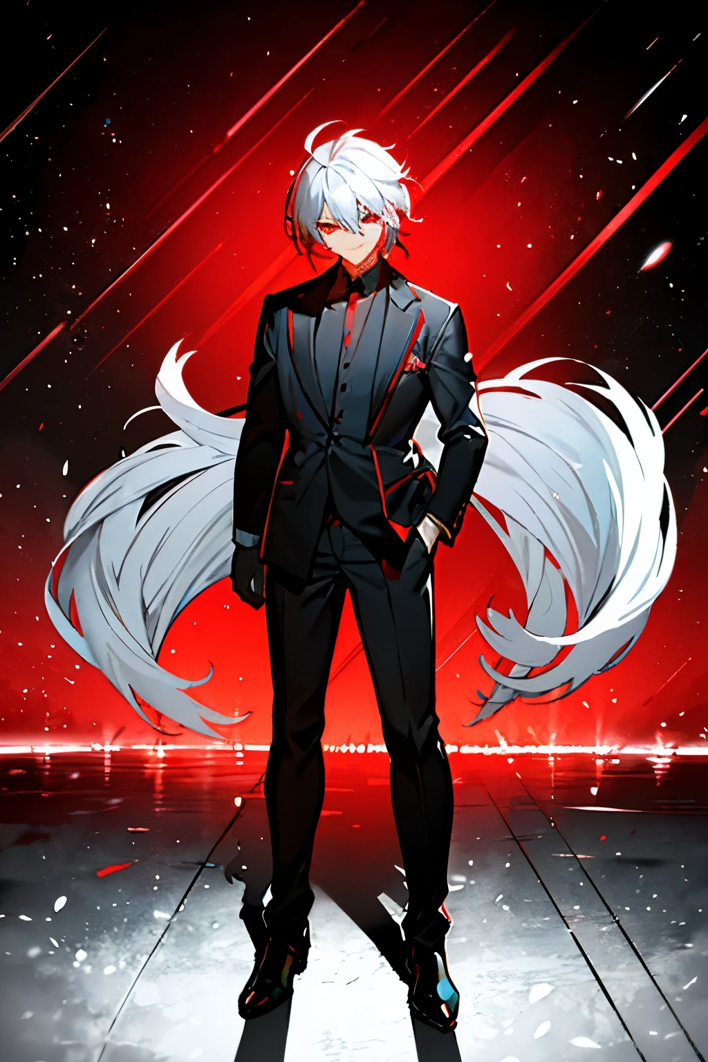 hight resolution,close range、Anime boy with white hair and red eyes staring at camera, Glowing red eyes,slim, dressed in a black outfit,Shadow Body,de pele branca,monochromes,hair messy,Aggressive smile、Diagonal angle