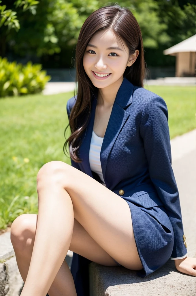 Pure Japanese girl, outstanding body, beautiful legs, wearing traditional suits, natural hairstyles, sweet smile, sitting, refreshing in early summer, composition from the front,