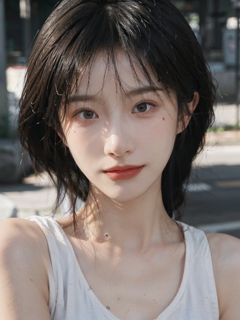 (Skin details:1.4), (smooth skin textures:1.3), Lipstick, background,海滩background， Looking at the audience，earrings, serene, calm, (Realistic and detailed eyes：1.2）, Natural skin texture, Realistic facial details, Soft dramatic lighting, Vivid details, 35 mm film, outdoor, (Photo Practical:1.4), (hyper Practical:1.4), (Practical:1.3), (Smoother lighting:1.05), (Improve lighting quality:0.9), (Highest quality real skin textures:1.4), Exquisite eyes, Delicate face, Close-up of face, (Enhance the beauty of skin texture:1.1), Hair details, Vest，normal body ratio, short hair, Moles under the eyes, thinking, A faint smile,公园background，Portrait Photography, Depth of Field, Bokeh, Surrealism, Ray Tracing, (Portrait Photography:1.1), Surrealism, High Detail, Chiaroscuro, Ray Tracing, reflected light, Ultra HD, Ultra HD, masterpiece, Textured Skin, Super Detail, High Detail, high quality, best quality