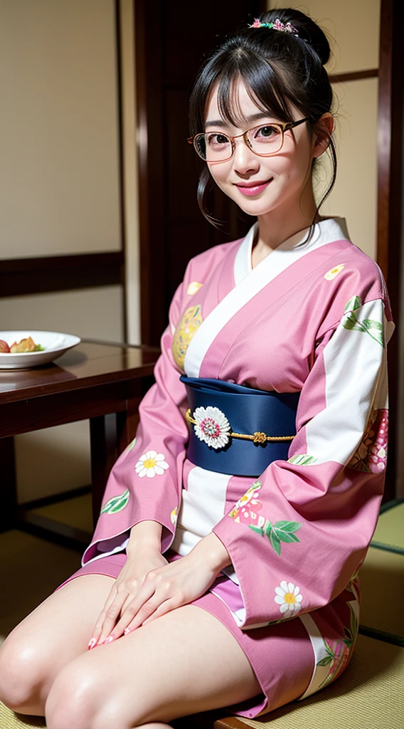 Highest quality, masterpiece, Ultra-high resolution, (Realistic:1.4), RAW Photos, Very detailed, Perfect Anatomy, 1 Girl, Age 25, Most popular Japanese idols, Wearing a gorgeous Japanese kimono and cutely designed glasses, An innocent smile, Sitting upright in a traditional Japanese room, Very cute baby face like in Japan'The most famous idol, Amazingly beautiful big black and round eyes, very beautiful Realistic skin, Very beautiful short black hair, very beautiful big breasts, Gorgeous Japanese kimono with attention to detail, Cute glasses with detailed design, Beautiful face in every detail, Beautiful Eyes, Detailed and Realistic skin, thin black short cut hair, Traditional Japanese room with attention to detail Unbuttoned