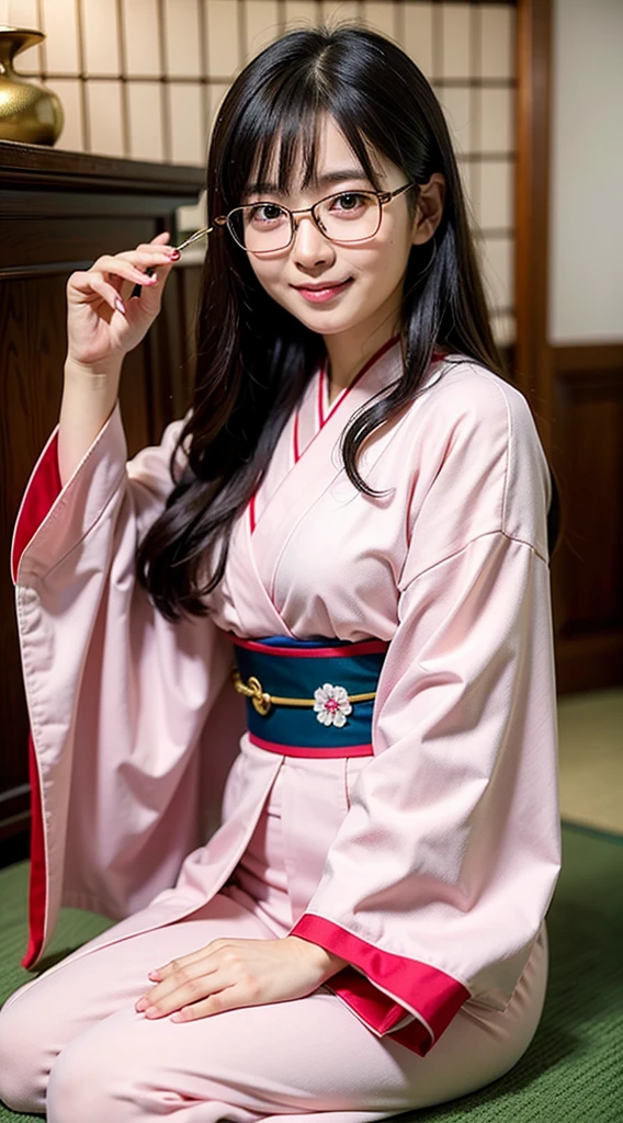 Highest quality, masterpiece, Ultra-high resolution, (Realistic:1.4), RAW Photos, Very detailed, Perfect Anatomy, 1 Girl, Age 25, Most popular Japanese idols, Wearing a gorgeous Japanese kimono and cutely designed glasses, An innocent smile, Sitting upright in a traditional Japanese room, Very cute baby face like in Japan'The most famous idol, Amazingly beautiful big black and round eyes, very beautiful Realistic skin, Very beautiful short black hair, very beautiful big breasts, Gorgeous Japanese kimono with attention to detail, Cute glasses with detailed design, Beautiful face in every detail, Beautiful Eyes, Detailed and Realistic skin, thin black short cut hair, Traditional Japanese room with attention to detail Unbuttoned