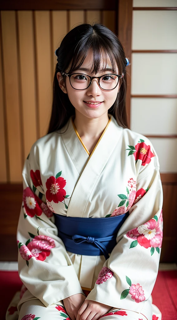 Highest quality, masterpiece, Ultra-high resolution, (Realistic:1.4), RAW Photos, Very detailed, Perfect Anatomy, 1 Girl, Age 25, Most popular Japanese idols, Wearing a gorgeous Japanese kimono and cutely designed glasses, An innocent smile, Sitting upright in a traditional Japanese room, Very cute baby face like in Japan'The most famous idol, Amazingly beautiful big black and round eyes, very beautiful Realistic skin, Very beautiful short black hair, very beautiful big breasts, Gorgeous Japanese kimono with attention to detail, Cute glasses with detailed design, Beautiful face in every detail, Beautiful Eyes, Detailed and Realistic skin, thin black short cut hair, Traditional Japanese room with attention to detail Unbuttoned