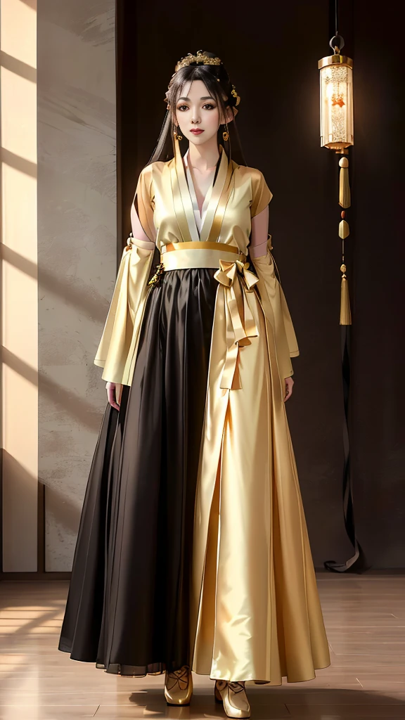 Girl in traditional Chinese clothing, Hanfu, Guzhen Hanfu women, gold Hanfu,(long straight black hair:1.5), black eyes, black bun hairstyle, hair accessories ,white diamond earrings, Bangle Diameter, Dia Necklace, Clear eyes, Facing forward,put on makeup, Long eyelashes ,(gold long hanfu shirt:1.5), (Very long skirt, white:1.5), ((Whole body)), ((from below)), Clear face, , (Very beautiful face, Beautiful mouth, beautiful eyes), detailed face, ((Ultra-fine skin)), In the dark, deep shadows, an ancient Chinese girl (Very slim figure 1.3) ,Plump breasts, elegant posture ,(palace in the sky:1.5),