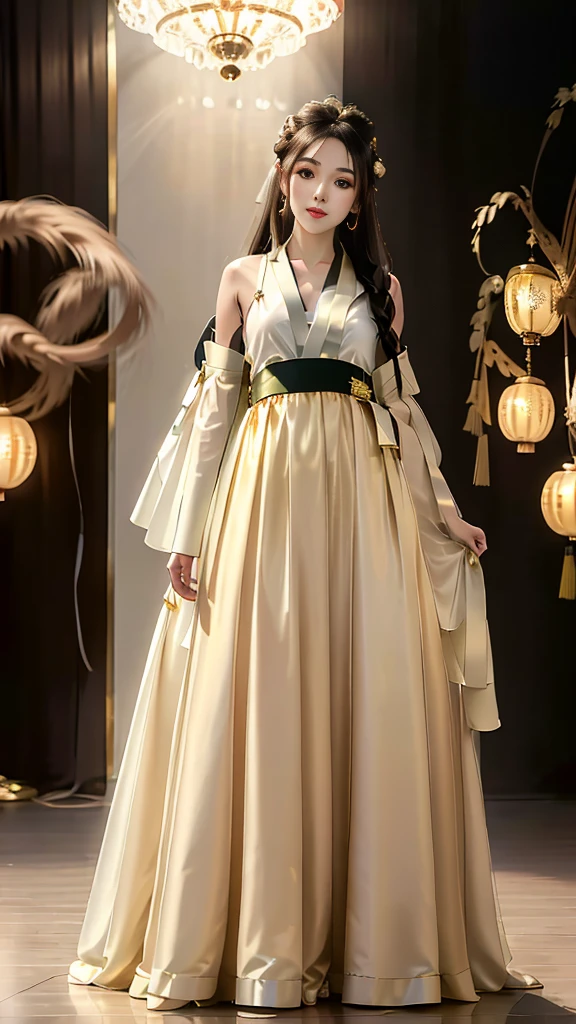 Girl in traditional Chinese clothing, Hanfu, Guzhen Hanfu women, gold Hanfu,(long straight black hair:1.5), black eyes, black bun hairstyle, hair accessories ,white diamond earrings, Bangle Diameter, Dia Necklace, Clear eyes, Facing forward,put on makeup, Long eyelashes ,(gold long hanfu shirt:1.5), (Very long skirt, white:1.5), ((Whole body)), ((from below)), Clear face, , (Very beautiful face, Beautiful mouth, beautiful eyes), detailed face, ((Ultra-fine skin)), In the dark, deep shadows, an ancient Chinese girl (Very slim figure 1.3) ,Plump breasts, elegant posture ,(palace in the sky:1.5),