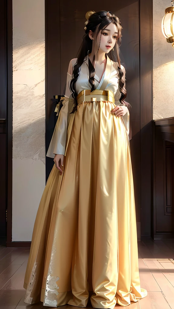 Girl in traditional Chinese clothing, Hanfu, Guzhen Hanfu women, gold Hanfu,(long straight black hair:1.5), black eyes, black bun hairstyle, hair accessories ,white diamond earrings, Bangle Diameter, Dia Necklace, Clear eyes, Facing forward,put on makeup, Long eyelashes ,(gold long hanfu shirt:1.5), (Very long skirt, white:1.5), ((Whole body)), ((from below)), Clear face, , (Very beautiful face, Beautiful mouth, beautiful eyes), detailed face, ((Ultra-fine skin)), In the dark, deep shadows, an ancient Chinese girl (Very slim figure 1.3) ,Plump breasts, elegant posture ,(palace in the sky:1.5),