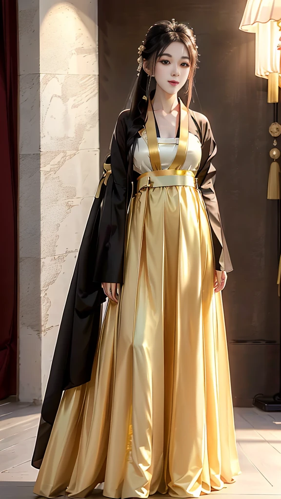 Girl in traditional Chinese clothing, Hanfu, Guzhen Hanfu women, gold Hanfu,(long straight black hair:1.5), black eyes, black bun hairstyle, hair accessories ,white diamond earrings, Bangle Diameter, Dia Necklace, Clear eyes, Facing forward,put on makeup, Long eyelashes ,(gold long hanfu shirt:1.5), (Very long skirt, white:1.5), ((Whole body)), ((from below)), Clear face, , (Very beautiful face, Beautiful mouth, beautiful eyes), detailed face, ((Ultra-fine skin)), In the dark, deep shadows, an ancient Chinese girl (Very slim figure 1.3) ,Plump breasts, elegant posture ,(palace in the sky:1.5),