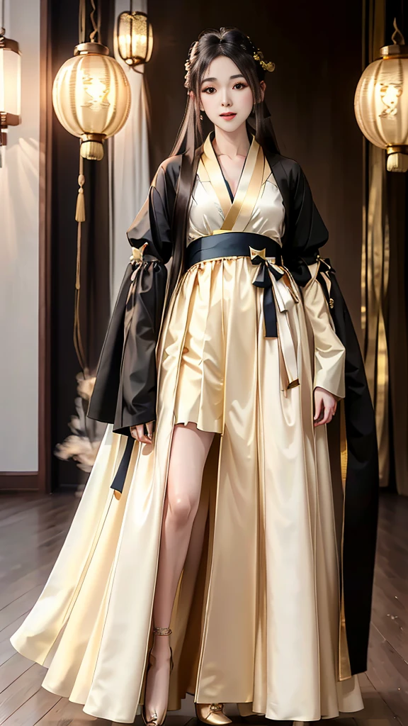 Girl in traditional Chinese clothing, Hanfu, Guzhen Hanfu women, gold Hanfu,(long straight black hair:1.5), black eyes, black bun hairstyle, hair accessories ,white diamond earrings, Bangle Diameter, Dia Necklace, Clear eyes, Facing forward,put on makeup, Long eyelashes ,(gold long hanfu shirt:1.5), (Very long skirt, white:1.5), ((Whole body)), ((from below)), Clear face, , (Very beautiful face, Beautiful mouth, beautiful eyes), detailed face, ((Ultra-fine skin)), In the dark, deep shadows, an ancient Chinese girl (Very slim figure 1.3) ,Plump breasts, elegant posture ,(palace in the sky:1.5),