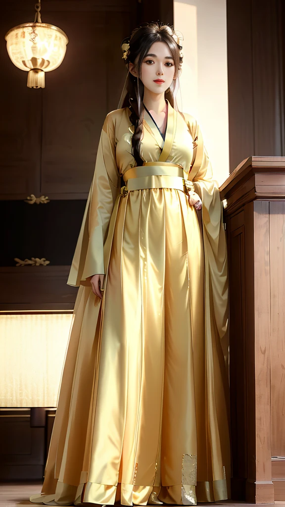 Girl in traditional Chinese clothing, Hanfu, Guzhen Hanfu women, gold Hanfu,(long straight black hair:1.5), black eyes, black bun hairstyle, hair accessories ,white diamond earrings, Bangle Diameter, Dia Necklace, Clear eyes, Facing forward,put on makeup, Long eyelashes ,(gold long hanfu shirt:1.5), (Very long skirt, white:1.5), ((Whole body)), ((from below)), Clear face, , (Very beautiful face, Beautiful mouth, beautiful eyes), detailed face, ((Ultra-fine skin)), In the dark, deep shadows, an ancient Chinese girl (Very slim figure 1.3) ,Plump breasts, elegant posture ,(palace in the sky:1.5),