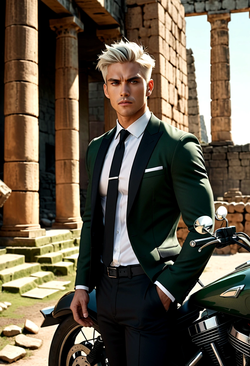 motorcycle, A man with a toned body, Solitary, White hair, Moss green tone hair, short hair, Black and gray social shirt, Black and gray trousers, Black social shoes, Serious look, Light green eyes, Ancient ruins, Black Tie.
