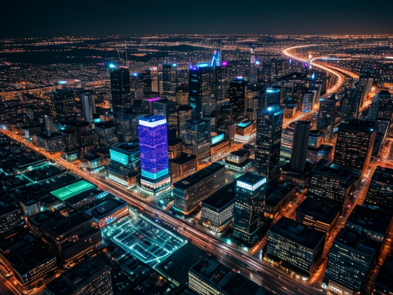 A sprawling cityscape at night, illuminated by vibrant neon signs and holographic billboards
