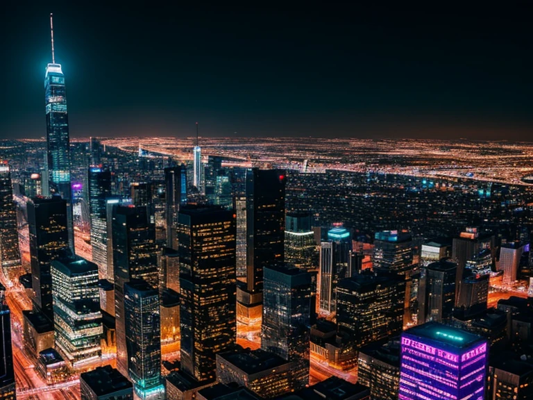 A sprawling cityscape at night, illuminated by vibrant neon signs and holographic billboards
