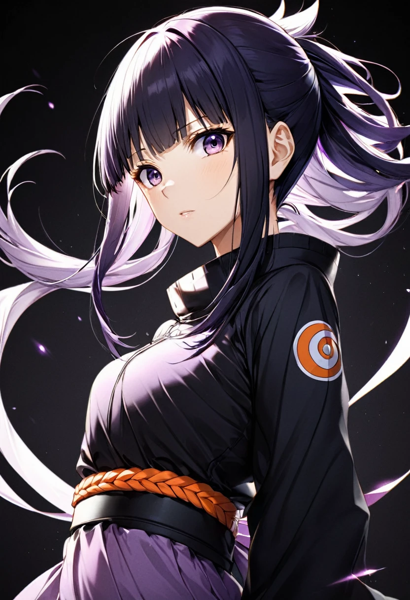 naruto anime, hinata, high resolution, black backdrop, serious hinata, purple image details, 