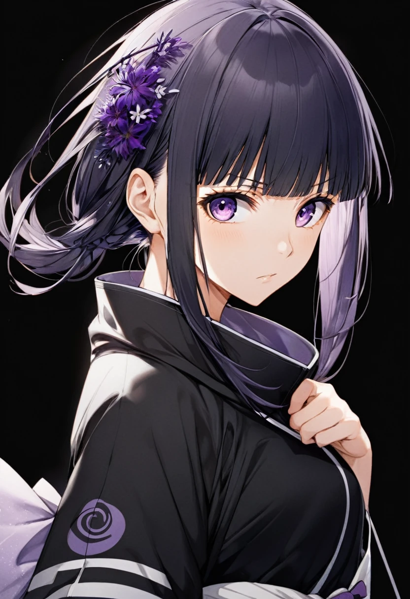 naruto anime, hinata, high resolution, black backdrop, serious hinata, purple image details,