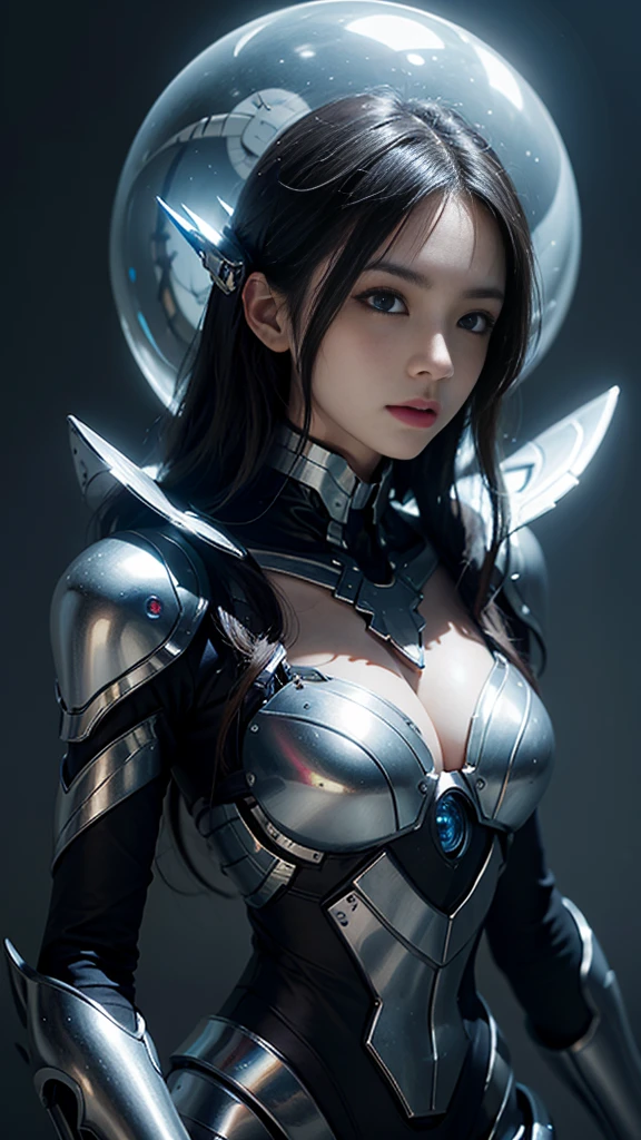 top-quality、masterpiece、超A high resolution、(Photorealsitic:1.4)、Raw photo、1人、Black hair、glowy skin、1 Mechanical Angel、large metal wings、Shining Angel Circle、((super realistic details))、portlate、globalillumination、Shadow、octan render、8K、ultrasharp、Colossal tits、Raw skin is exposed in cleavage、White porcelain body、Details of complex ornaments、About Cyberpunk、Glowing LEDs、IC chips、Base、Data Links、Hydraulic cylinder、highly intricate detail、Realistic light、a purple eye、radiant eyes、Facing the camera、neon details、Mechanical limbs、blood vessels connected to tubes、Mechanical vertebrae attached to the back、mechanical cervical attaching to neck、cowboy shot、Wires and cables connecting to the head、Luminous tube、Small LED lamp、Sumerian details、