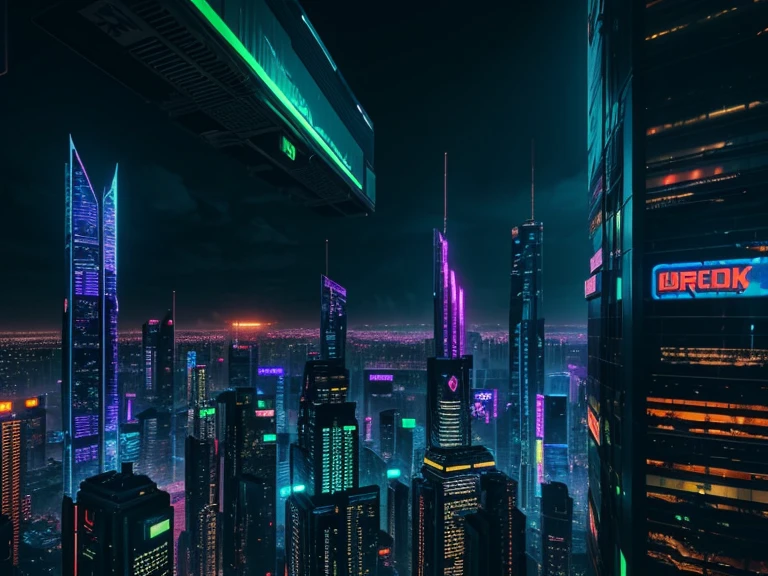 a sprawling cyberpunk city at night, neon-lit skyscrapers, holographic billboards, futuristic architecture, moody lighting, dramatic atmosphere, cinematic composition, intricate details, hyperrealistic, 8k, ultra-detailed, photorealistic, dramatic lighting, neon colors, moody, sci-fi, concept art