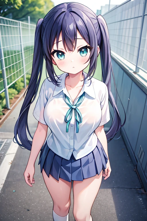 masterpiece,best quality,extremely detailed,anime,1girl,14years old,beautiful skin,beautiful eyes,Beaming face,Twintails hair,aqua eyes,(school uniform, short sleeve shirt,mini skirt),large breasts,,Corridor,school,in the evening,learning forword,looking up,from above,Gleaming eyes,