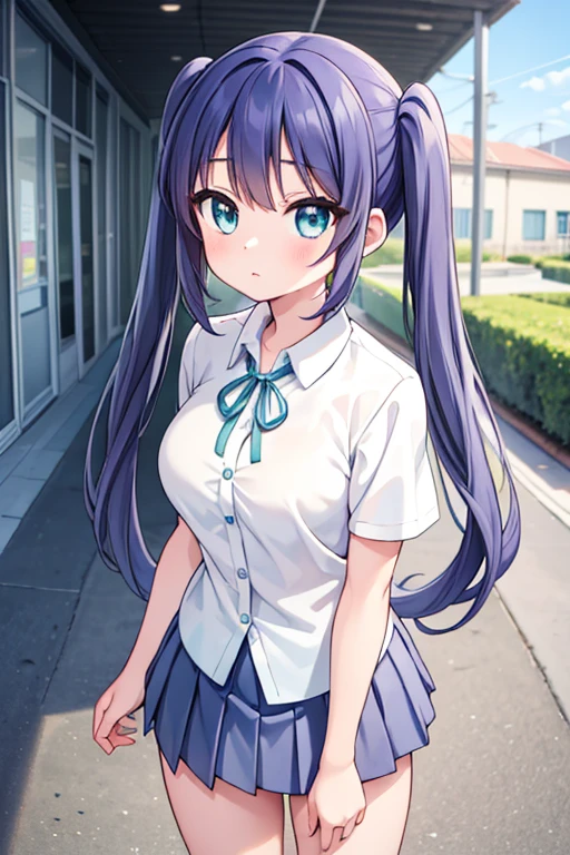 masterpiece,best quality,extremely detailed,anime,1girl,ars old,beautiful skin,beautiful eyes,Beaming face,Twintails hair,aqua eyes,(school uniform, short sleeve shirt,mini skirt),large breasts,,Corridor,school,in the evening,learning forword,looking up,from above,Gleaming eyes,