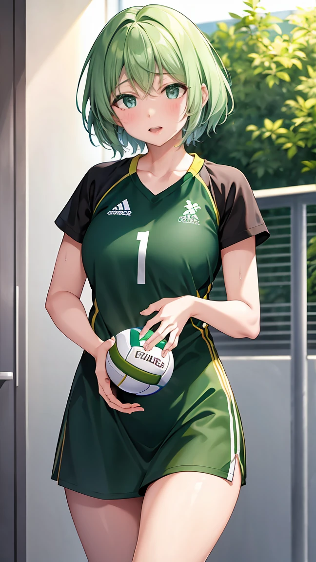 Girl with short green hair, Small size breasts,、Green Eyes, 、,Full body photo from head to toe、Volleyball Player、Volleyball Uniforms、、Uplifting、Leaning forward、、receive、diving、Desperate、Sweat