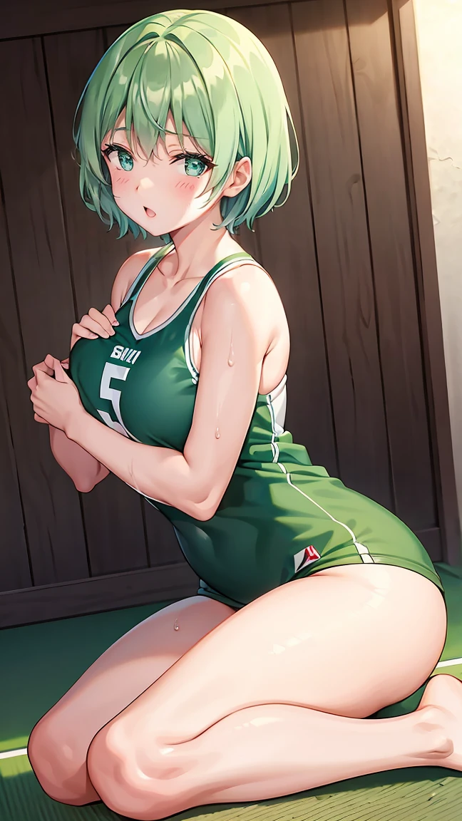Girl with short green hair, Small size breasts,、Green Eyes, 、,Full body photo from head to toe、Volleyball Player、Volleyball Uniforms、、Uplifting、Leaning forward、、receive、diving、Desperate、Sweat