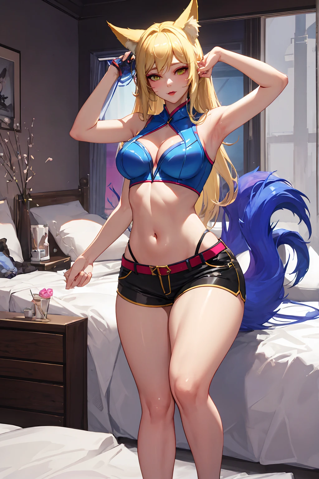 Masterpiece, high quality, kda ahri, ahri, fox hears, blonde, tight shorts, medium , sexy, tk thighs, wide hips, blonde hair, posing, bedroom