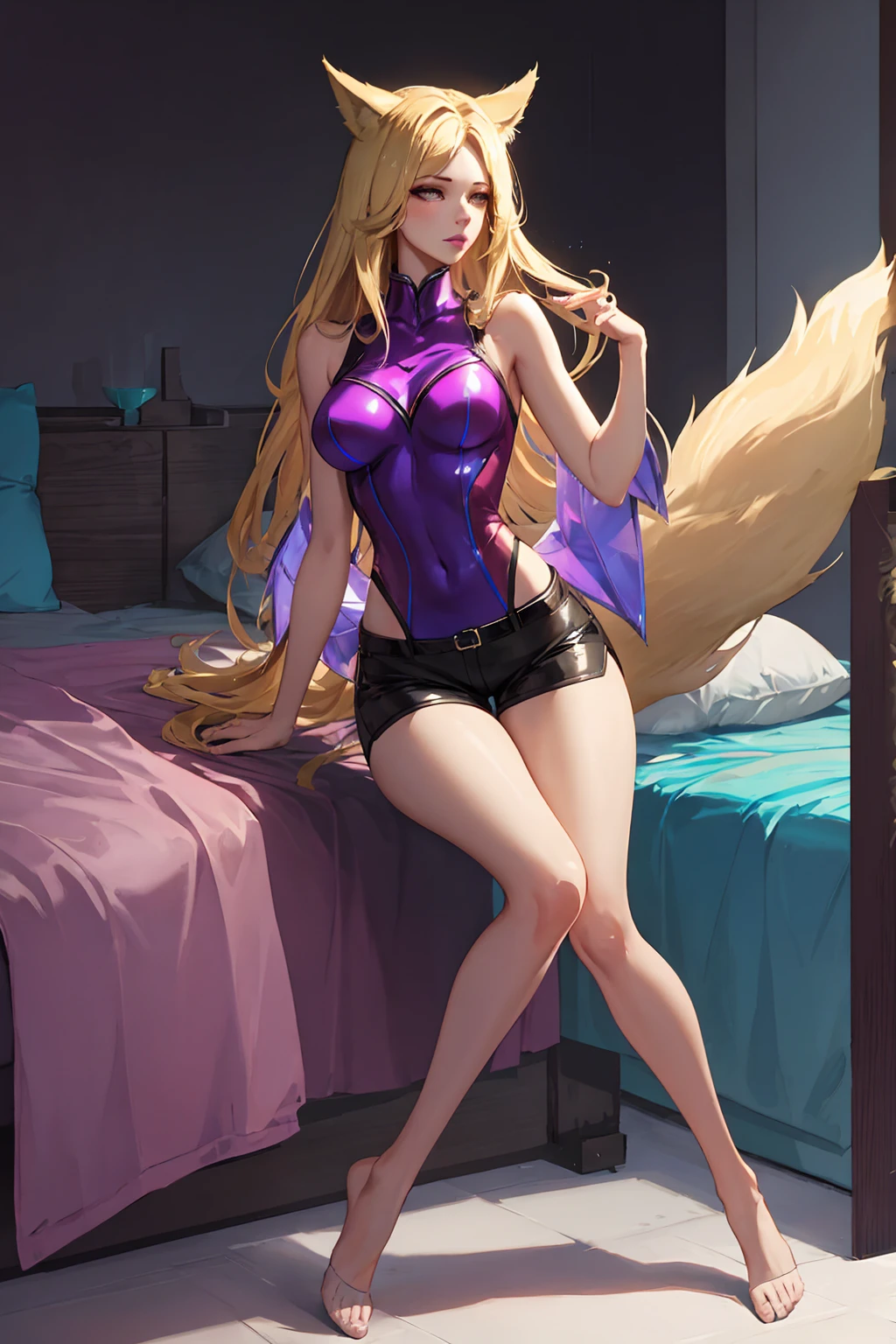 Masterpiece, high quality, kda ahri, ahri, fox hears, blonde, tight shorts, medium breasts, sexy, thick thighs, wide hips, blonde hair, posing, bedroom