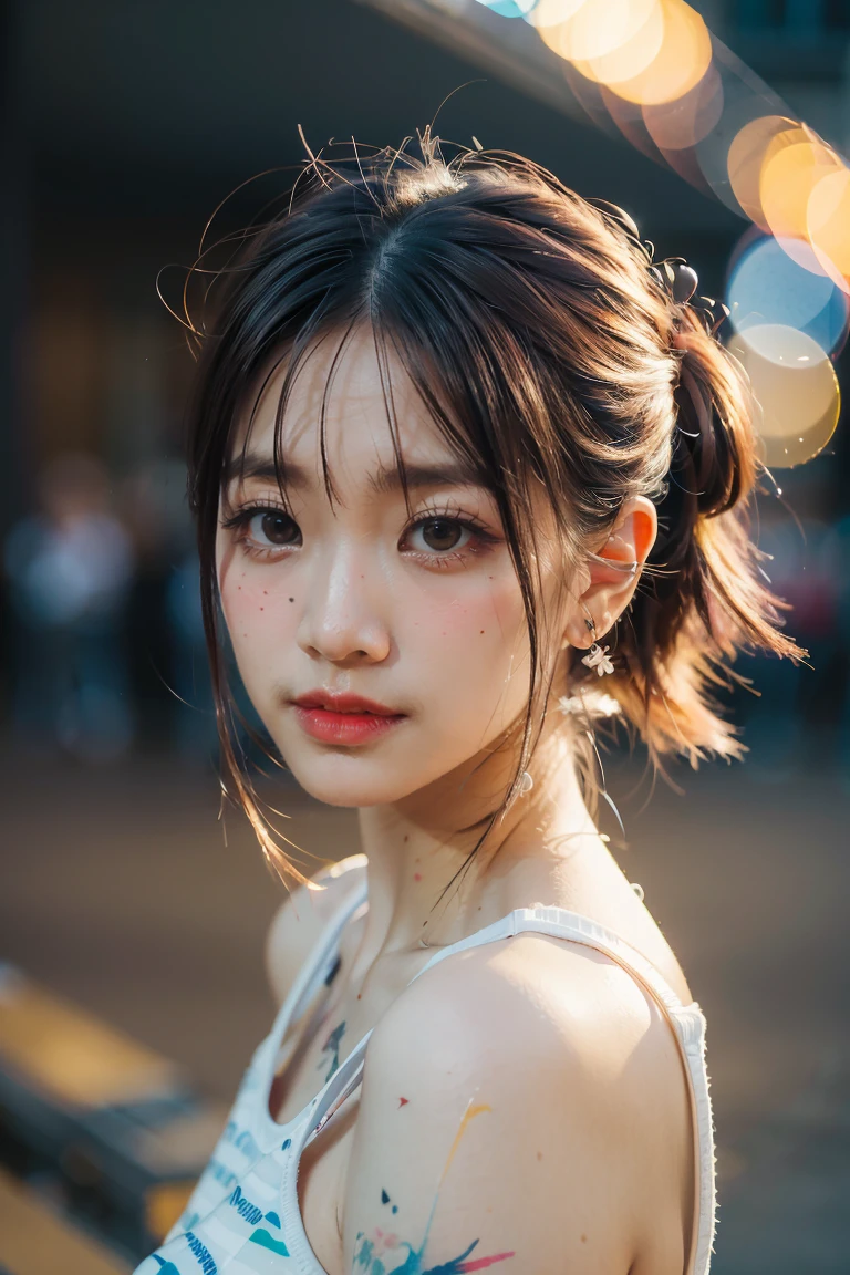 (8k, best quality, masterpiece:1.2),(best quality:1.0), (ultra highres:1.0), watercolor, a beautiful woman, shoulder, hair ribbons, by agnes cecile, half body portrait, extremely luminous bright design, pastel colors, (ink:1.3), autumn lights,