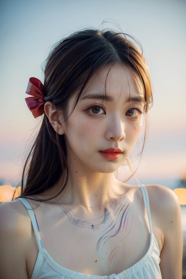 (8k, best quality, masterpiece:1.2),(best quality:1.0), (ultra highres:1.0), watercolor, a beautiful woman, shoulder, hair ribbons, by agnes cecile, half body portrait, extremely luminous bright design, pastel colors, (ink:1.3), autumn lights,