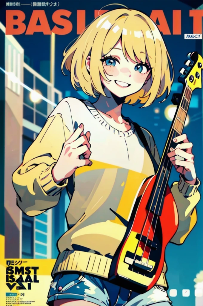 close up, (1female), happy face, ash blonde hair, very short hair, hair over eyes, (pullover, shorts:1.2), (Idol:1.2), (playing the bass:1.2), (magazine, magazine cover background, simple background:1.1), (Idol), (singer), (best quality, masterpiece, scenery:1.1),