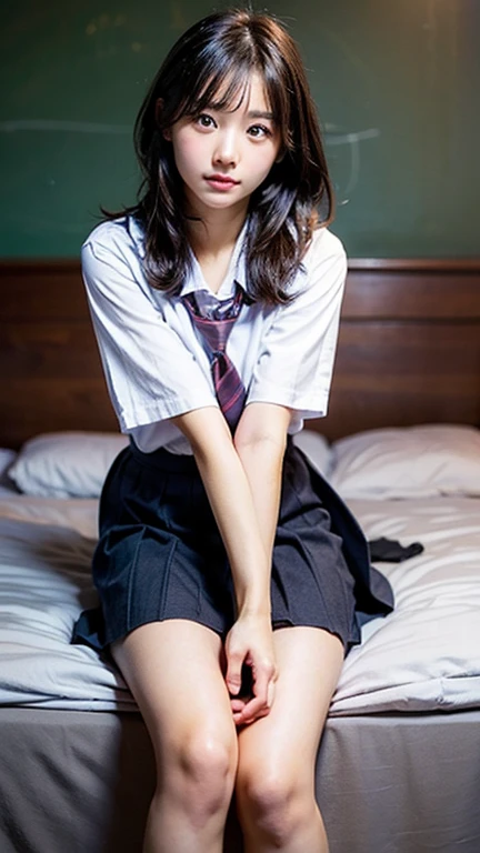 (Realistic, photo Realistic:1.2), ((Highest quality)), ((Detailed eyes、Beautiful Eyes、Fine Eyes))、I dare not wear clothes、Bedroom、Curly hair、Return the center of gravity, Quite embarrassing, Tight Skirt, (Pull-up skirt:1.3), Black Penny Loafers, Beautiful face details, Real human skin, Gentle expression, angle from below, Realistic, photoRealistic, cute, Short skirt, deep on school grounds, cute school girl, Japan