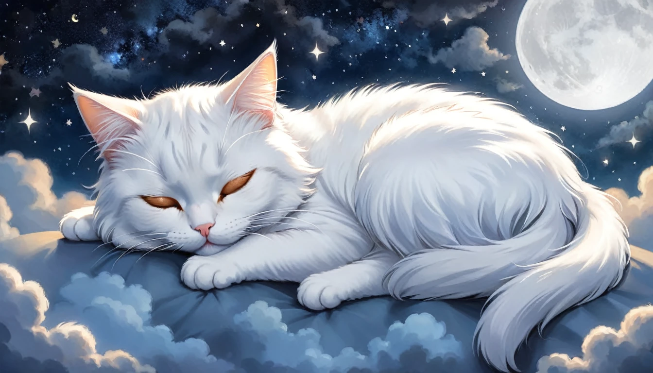 A highly detailed and realistic digital painting of a white cat with its eyes closed, sleeping peacefully on a fluffy cloud. In the night sky are twinkling stars and a large shining crescent moon. The background is dark in various shades of blue and black and features scattered stars and small clouds. The cat's fur is vividly rendered in shades of orange and white, gently reflecting the moonlight. The overall mood should be calm and dreamy, capturing the essence of a peaceful night.