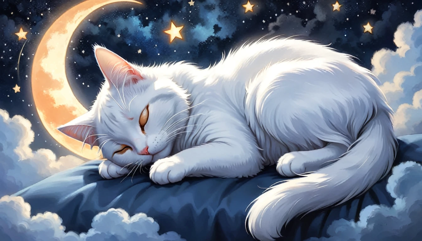 A highly detailed and realistic digital painting of a white cat with its eyes closed, sleeping peacefully on a fluffy cloud. In the night sky are twinkling stars and a large shining crescent moon. The background is dark in various shades of blue and black and features scattered stars and small clouds. The cat's fur is vividly rendered in shades of orange and white, gently reflecting the moonlight. The overall mood should be calm and dreamy, capturing the essence of a peaceful night.