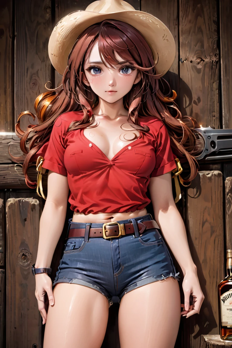 (((1 person:2.0))),((Short Sleeve Cowgirl Shirt:1.8))),(((Denim hot pants:1.8))),(((Slim body:1.8))),(((Brown gun belt with holster:1.8))),((Brown cowboy hat:1.8)),((Wear a metal watch on your wrist:1.8))),(((Showing ))),(((Exposed thin inner thighs))),(((Small breasts:(((Bare arms))),(((Her hair is brown))),((Blushed:1.2)), Beautiful detailed girl, Very detailed目と顔, 緻密でBeautiful Eyes, Very detailed, High resolution, Highest quality, masterpiece, Very detailed, 8k wallpaper, wonderful, finely, Highest quality,(Standing in front of a wooden wall),Beautiful Eyes,((Engage your audience:1.2)),(((Full Body Shot:1.8))),((Are standing:1.2)),((Put your right hand on your chest:1.2)),((Whiskey in left hand:1.4)),(((Drunk:1.5))),(((Drunk face:1.0)))