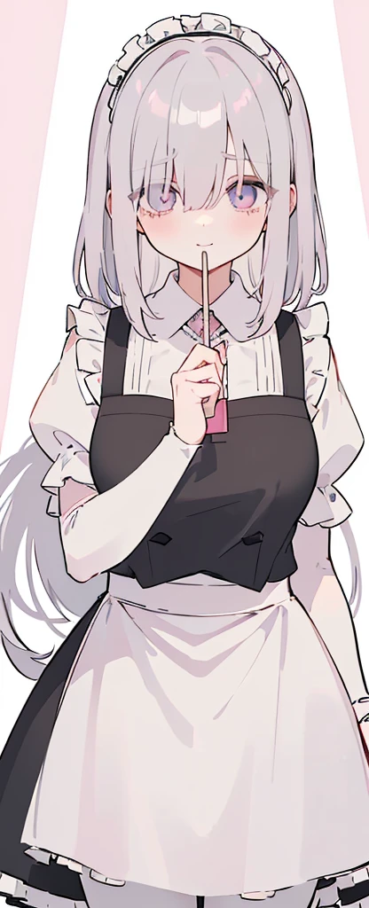 (((Long gray Beautiful Hair))),gray hair,kawai,(((Eyes visible from bangs,hair over eyes:1.3))),,Huge breasts,(pink color eyes),,(pink slanted eyes),1girl in,bangs,long gray hair, pantyhose,Cowboy Shot,white background,short hair,smiled,(wearing pink maid clothes), (maid dress type must have a perfect black vest), Bangs should be long to the tip of the chin(((, focusing on the bowl containing the dough and holding a spoon to stir it))), Kitchen room background, Perfect arm fingers,,, 1 girl, ((The image must match the tag)) Bangs almost cover the eyes full body (The character's entire body from top to bottom is completely visible)