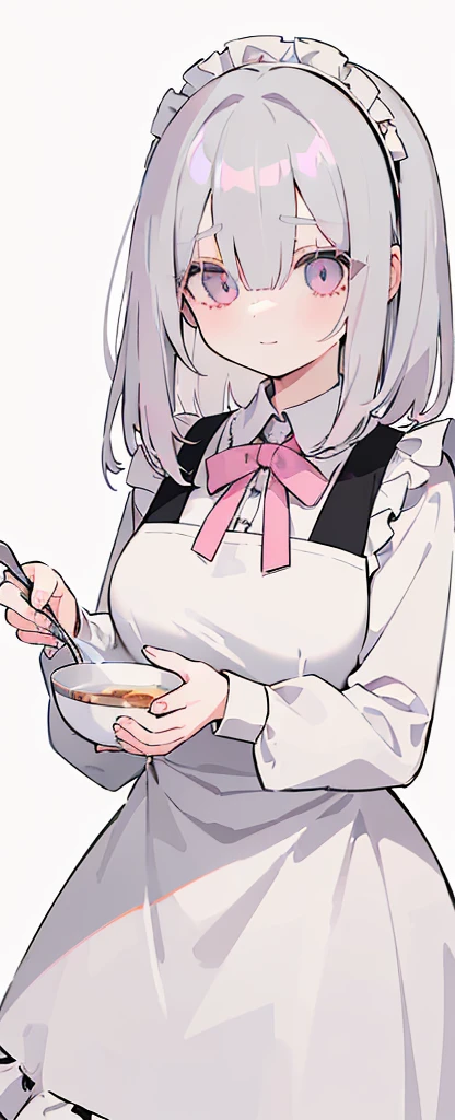 (((Long gray Beautiful Hair))),gray hair,kawai,(((Eyes visible from bangs,hair over eyes:1.3))),,Huge breasts,(pink color eyes),,(pink slanted eyes),1girl in,bangs,long gray hair, pantyhose,Cowboy Shot,white background,short hair,smiled,(wearing pink maid clothes), (maid dress type must have a perfect black vest), Bangs should be long to the tip of the chin(((, focusing on the bowl containing the dough and holding a spoon to stir it))), Kitchen room background, Perfect arm fingers,,, 1 girl, ((The image must match the tag)) Bangs almost cover the eyes full body (The character's entire body from top to bottom is completely visible)