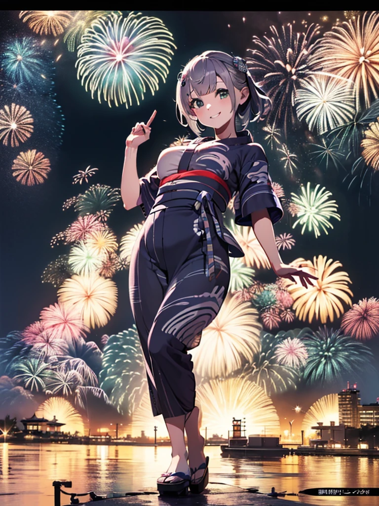 (masterpiece, Highest quality, Super detailed),One girl,((super fine illustration)),((cute eyes,highly detailed skin)),((smile)),((well endowed,Blessed,Captivating body、Detailed Background))、(yukata:1.5),firework,(大量のfirework,Night view,Ocean)、Festivals, (full body)