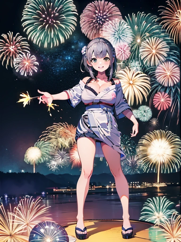(masterpiece, Highest quality, Super detailed),One girl,((super fine illustration)),((cute eyes,highly detailed skin)),((smile)),((well endowed,Blessed,Captivating body、Detailed Background))、(yukata:1.5),firework,(大量のfirework,Night view,Ocean)、Festivals, (full body)