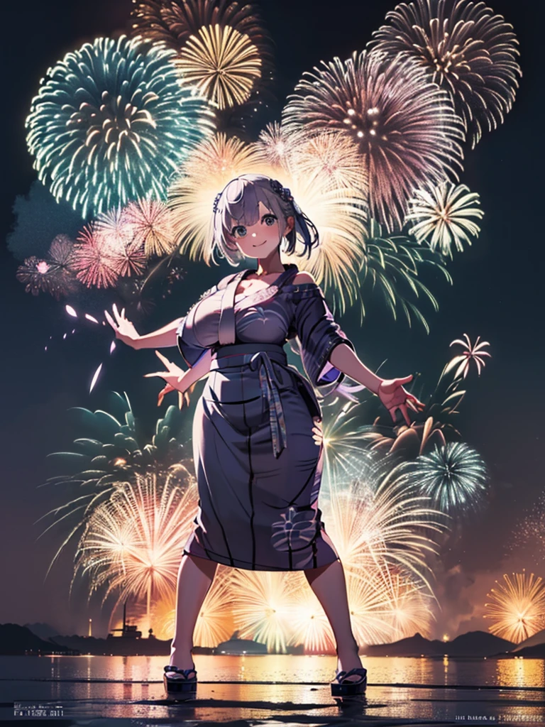 (masterpiece, Highest quality, Super detailed),One girl,((super fine illustration)),((cute eyes,highly detailed skin)),((smile)),((well endowed,Blessed,Captivating body、Detailed Background))、(yukata:1.5),firework,(大量のfirework,Night view,Ocean)、Festivals, (full body)