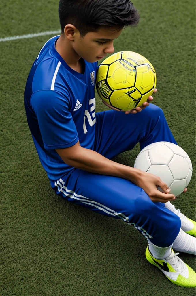 Drawing of a sitting and holding a soccer ball