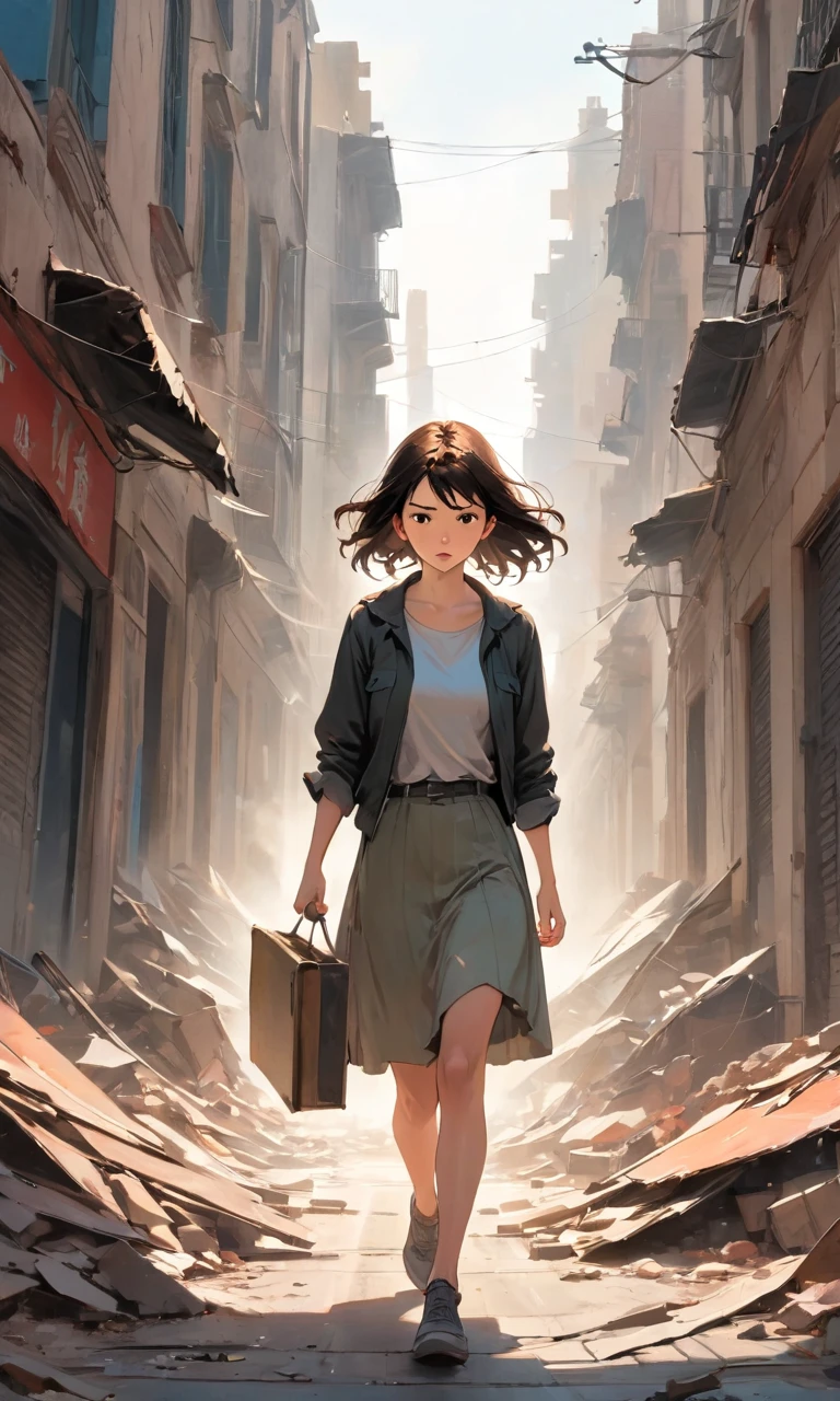 In the chaotic cityscape, a young woman emerges, navigating the crumbling streets. Determined yet fearful, she clutches a worn photograph, a reminder of what she fights for. Dust-covered and resolute, she moves through the panicked crowd. The artist's brush captures her emotions, from her furrowed brow to her determined jaw. The vibrant colors and expressive strokes bring her struggle to life. As the city crumbles, she stands as a beacon of hope, unwavering amidst the chaos.