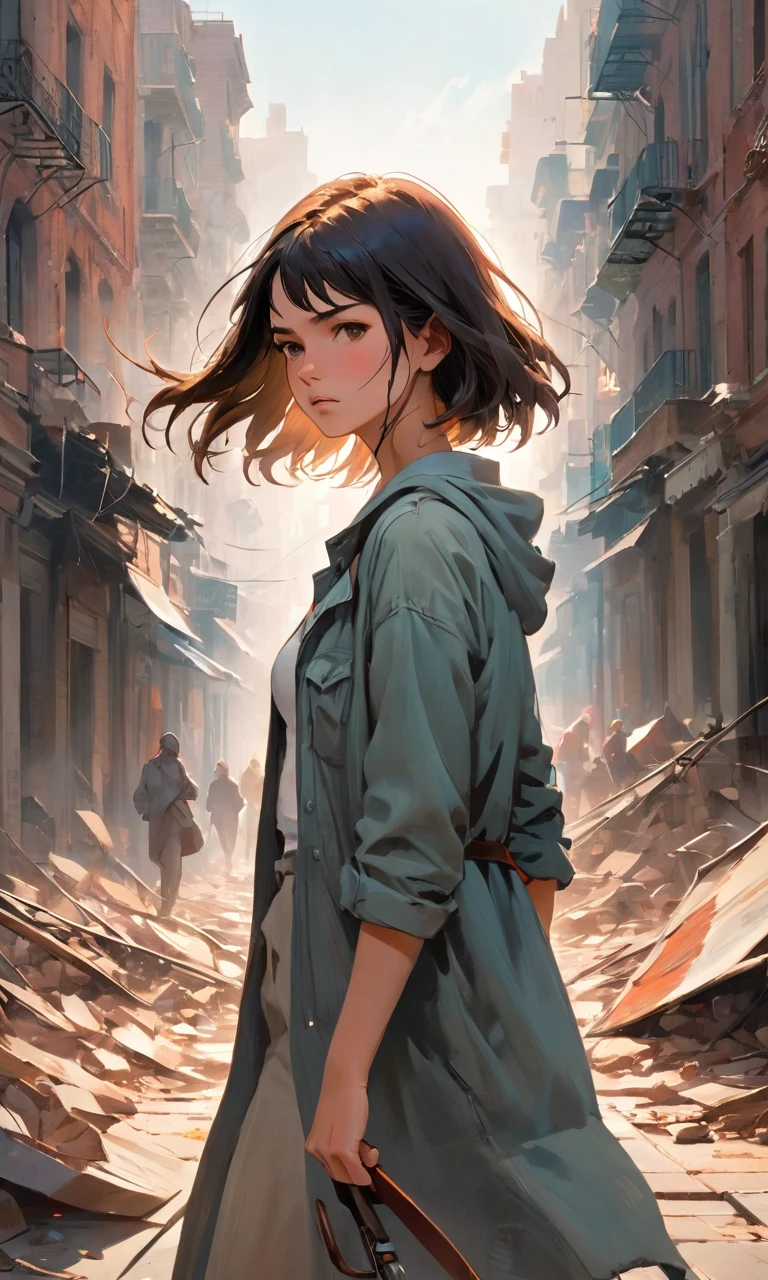 In the chaotic cityscape, a young woman emerges, navigating the crumbling streets. Determined yet fearful, she clutches a worn photograph, a reminder of what she fights for. Dust-covered and resolute, she moves through the panicked crowd. The artist's brush captures her emotions, from her furrowed brow to her determined jaw. The vibrant colors and expressive strokes bring her struggle to life. As the city crumbles, she stands as a beacon of hope, unwavering amidst the chaos.