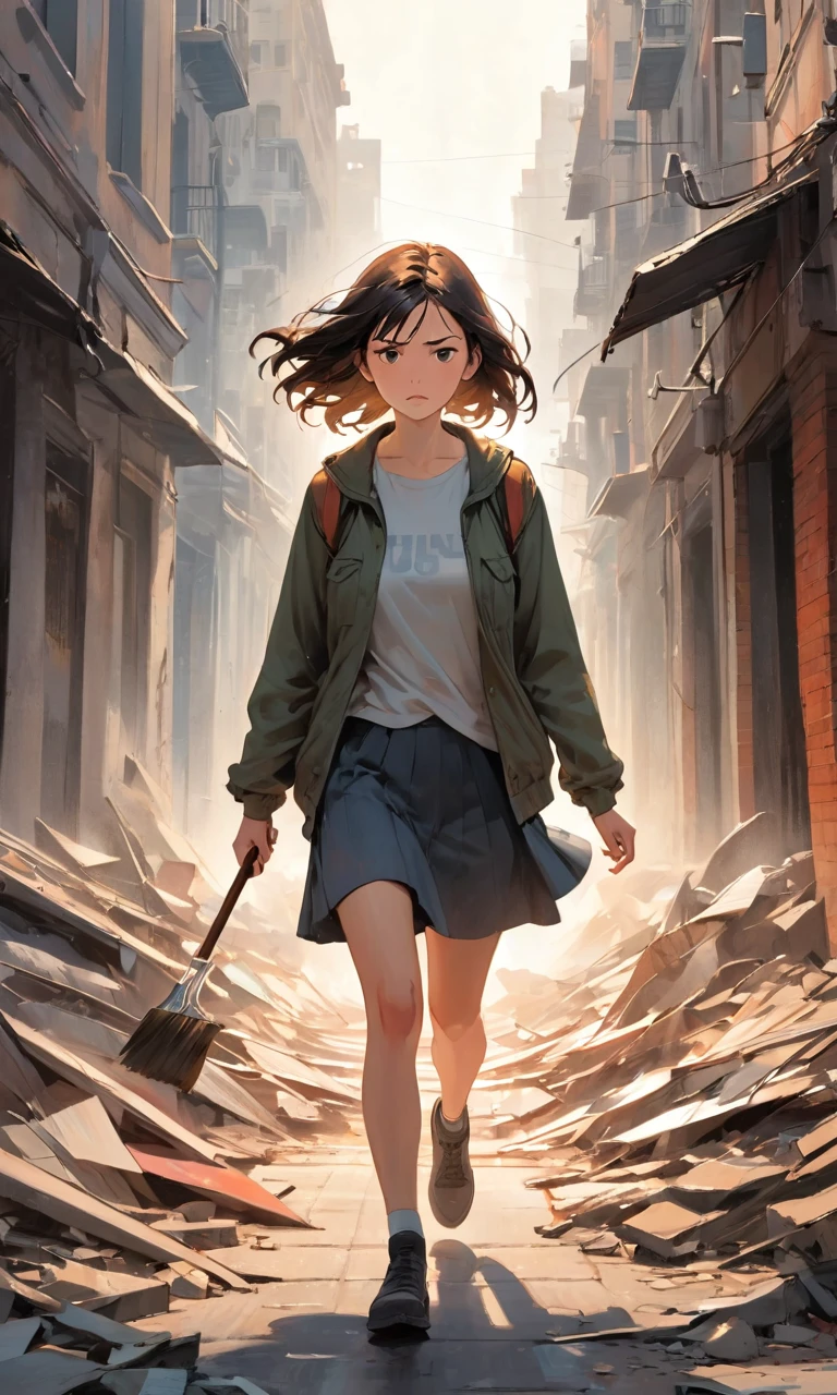 In the chaotic cityscape, a young woman emerges, navigating the crumbling streets. Determined yet fearful, she clutches a worn photograph, a reminder of what she fights for. Dust-covered and resolute, she moves through the panicked crowd. The artist's brush captures her emotions, from her furrowed brow to her determined jaw. The vibrant colors and expressive strokes bring her struggle to life. As the city crumbles, she stands as a beacon of hope, unwavering amidst the chaos.