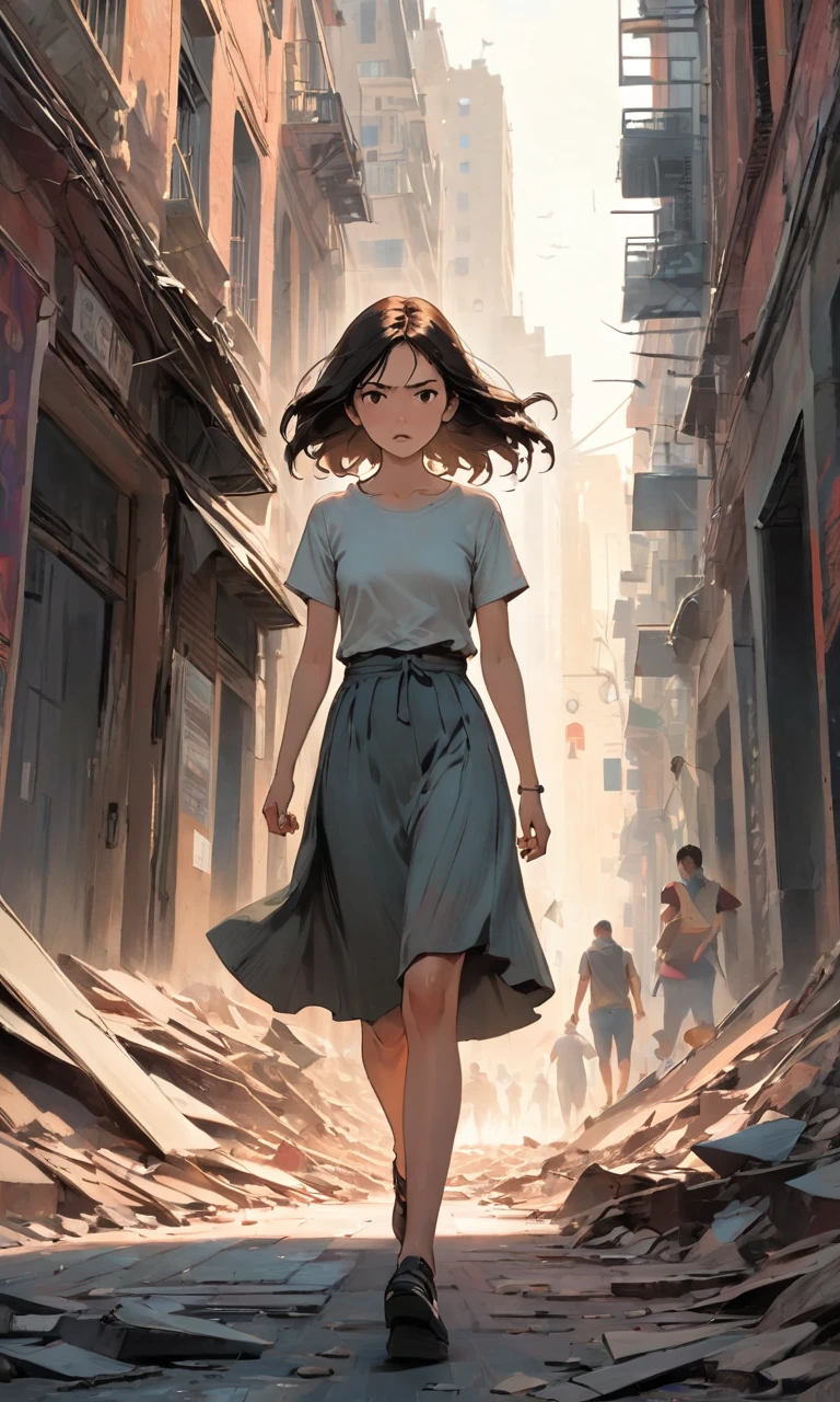 In the chaotic cityscape, a young woman emerges, navigating the crumbling streets. Determined yet fearful, she clutches a worn photograph, a reminder of what she fights for. Dust-covered and resolute, she moves through the panicked crowd. The artist's brush captures her emotions, from her furrowed brow to her determined jaw. The vibrant colors and expressive strokes bring her struggle to life. As the city crumbles, she stands as a beacon of hope, unwavering amidst the chaos.