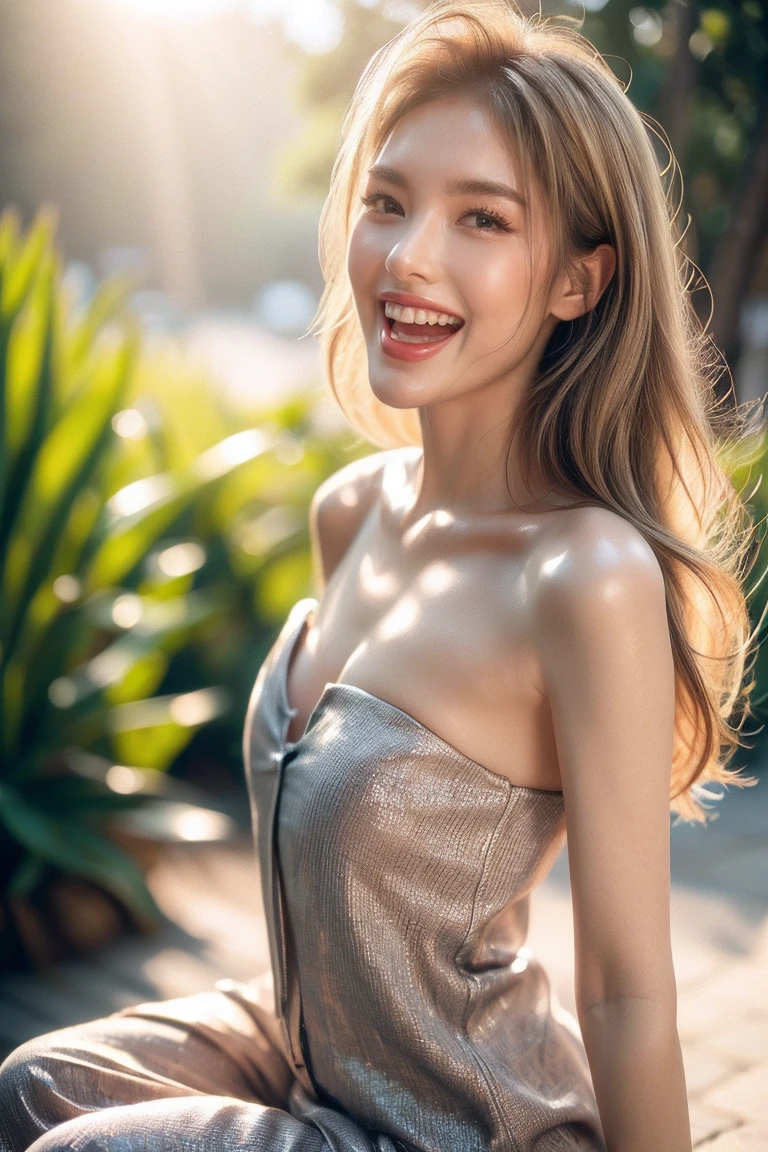 (Sitting pose: 1.2), (front view: 1.4), (portrait photo: 1.4), RAW UHD photo of a woman, (laughing face: 1.2) (Blonde long hair: 1.0), (Small Breasts: 1.5), (casual expression: 1.4), (white summer dress), Background is Beach, sparkling Blue eyes with high detail, (perfect anatomy: 1.5), (day time: 1.5), (warm light mood and tone: 1.5), (natural light: 1.6).