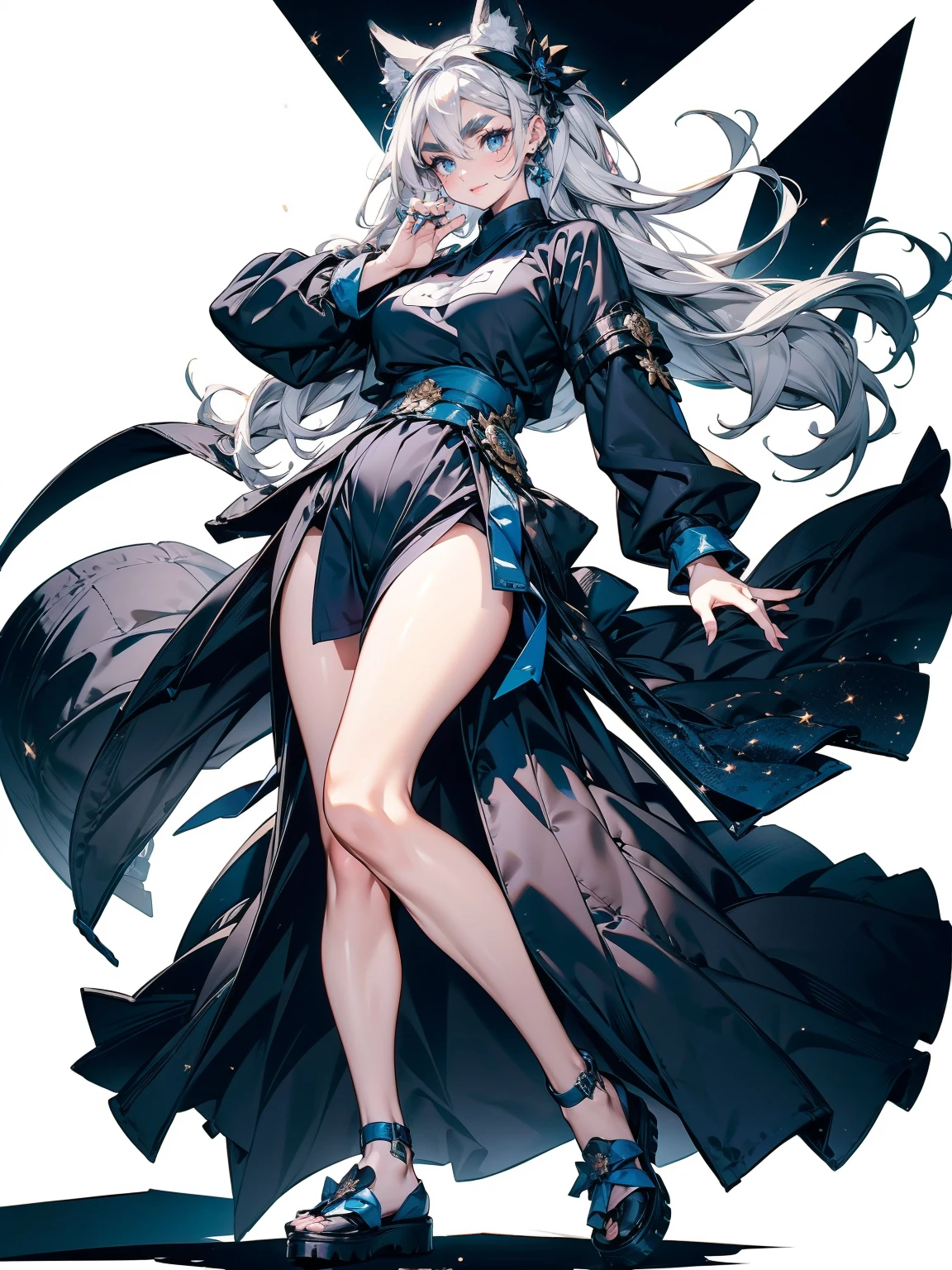 , (White Hair Girl), (Thick, dark blue eyebrows:1.4), (Dark blue eyebrows:1.7), (Thick eyebrows:1.3), (Huge black fluffy animal ears:1.1), (Black animal ears:1.1), BREAK, (((Mesh Stitching Crop T-Shirt, Cutout Long Sleeve Top))),BREAK, (Big Breasts:1.2, Thick legs, Superb thighs:1.3, Adult female body, Sturdy body:1.5, Japanese style costume:1.5, Beautifully colored kimono:1.5,), ((Action pose:1.4 )), (sharp eyes, Ultra-high definition CG, Precisely designed costumes, 4K, 8K, Ultra-high definition CG, Precisely designed costumes, Clear lines, Expressive and Captivating Eyes, Fine Details and Realistic Textures, cinematic lighting), ((white background)), BREAK, (過剰なRuggedThick soleブーツを履いています:1.2), (Thick sole:1.5), (Big shoes:1.3),