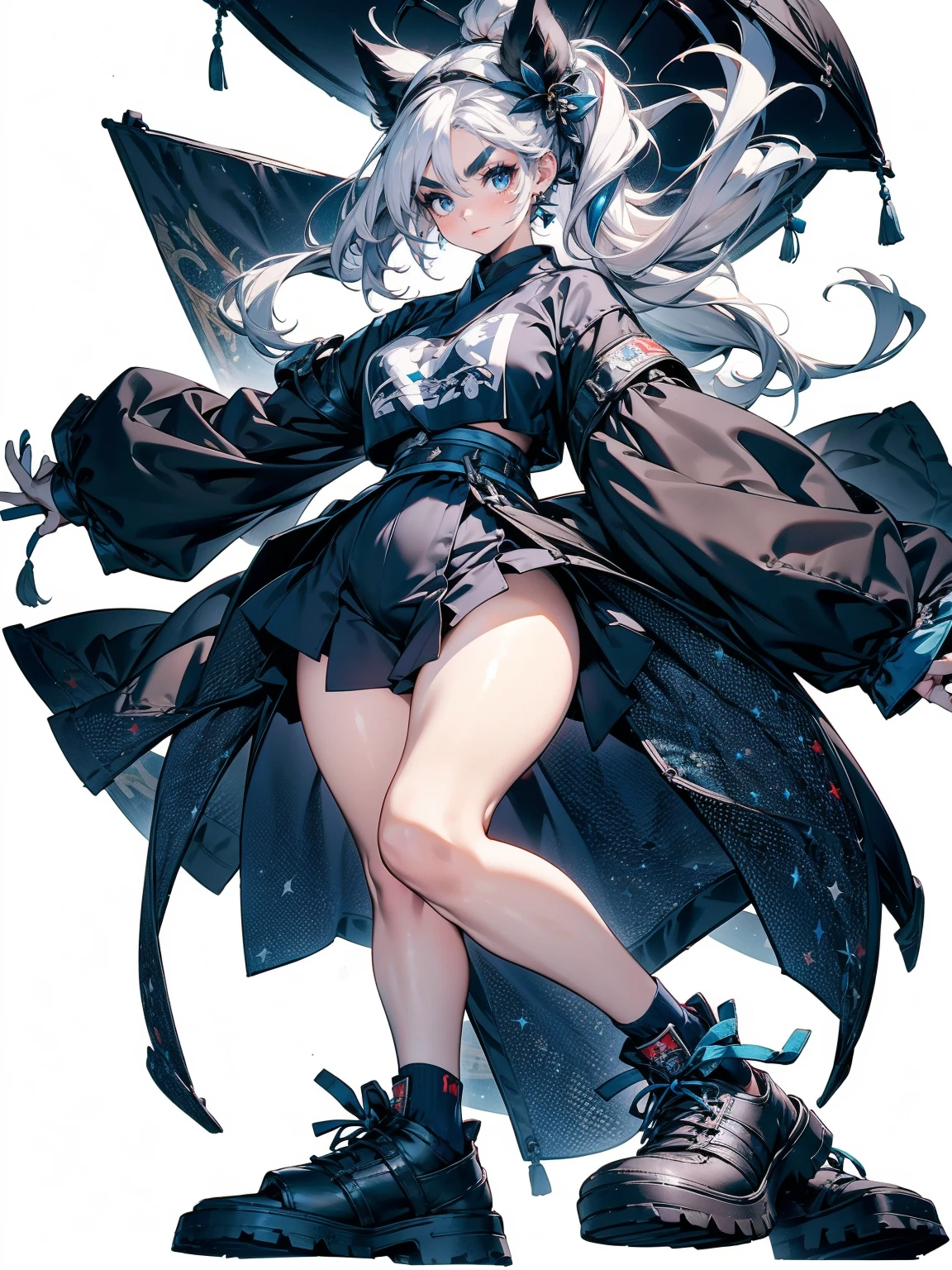 , (White Hair Girl), (Thick, dark blue eyebrows:1.4), (Dark blue eyebrows:1.7), (Thick eyebrows:1.3), (Huge black fluffy animal ears:1.1), (Black animal ears:1.1), BREAK, (((Mesh Stitching Crop T-Shirt, Cutout Long Sleeve Top))),BREAK, (Big Breasts:1.2, Thick legs, Superb thighs:1.3, Adult female body, Sturdy body:1.5, Japanese style costume:1.5, Beautifully colored kimono:1.5,), ((Action pose:1.4 )), (sharp eyes, Ultra-high definition CG, Precisely designed costumes, 4K, 8K, Ultra-high definition CG, Precisely designed costumes, Clear lines, Expressive and Captivating Eyes, Fine Details and Realistic Textures, cinematic lighting), ((white background)), BREAK, (過剰なRuggedThick soleブーツを履いています:1.2), (Thick sole:1.5), (Big shoes:1.3),