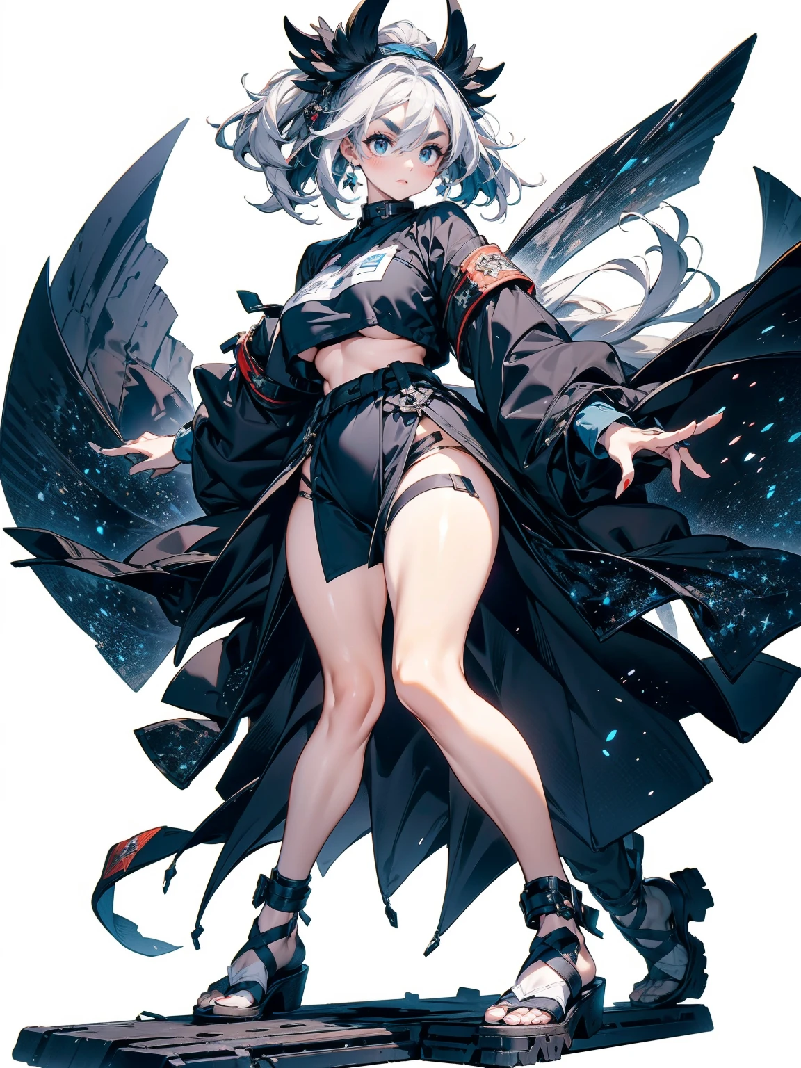 , (White Hair Girl), (Thick, dark blue eyebrows:1.4), (Dark blue eyebrows:1.7), (Thick eyebrows:1.3), (Huge black fluffy animal ears:1.1), (Black animal ears:1.1), BREAK, (((Mesh Stitching Crop T-Shirt, Cutout Long Sleeve Top))),BREAK, (Big Breasts:1.2, Thick legs, Superb thighs:1.3, Adult female body, Sturdy body:1.5, Japanese style costume:1.5, Beautifully colored kimono:1.5,), ((Action pose:1.4 )), (sharp eyes, Ultra-high definition CG, Precisely designed costumes, 4K, 8K, Ultra-high definition CG, Precisely designed costumes, Clear lines, Expressive and Captivating Eyes, Fine Details and Realistic Textures, cinematic lighting), ((white background)), BREAK, (過剰なRuggedThick soleブーツを履いています:1.2), (Thick sole:1.5), (Big shoes:1.3),
