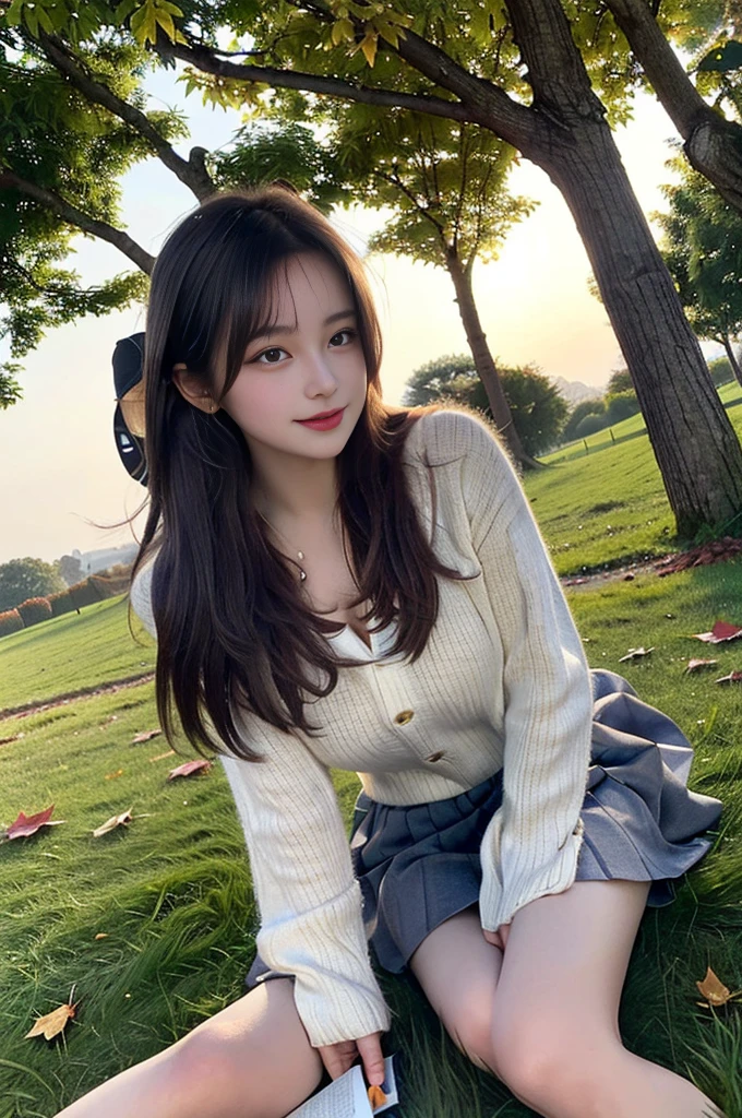 8K resolution、Ultra-high-definition CG images、One Girl, (Sit on the grass leaning against a tree, Reading a book, Knees together, Spread your legs, Under the skirt, (Hairy:1.1), (pubic hair:1.1), (View from the front, Low angle), one piece, detailed, morning, sunrise, High resolution, super high quality, super masterpiece, autumn leaves,